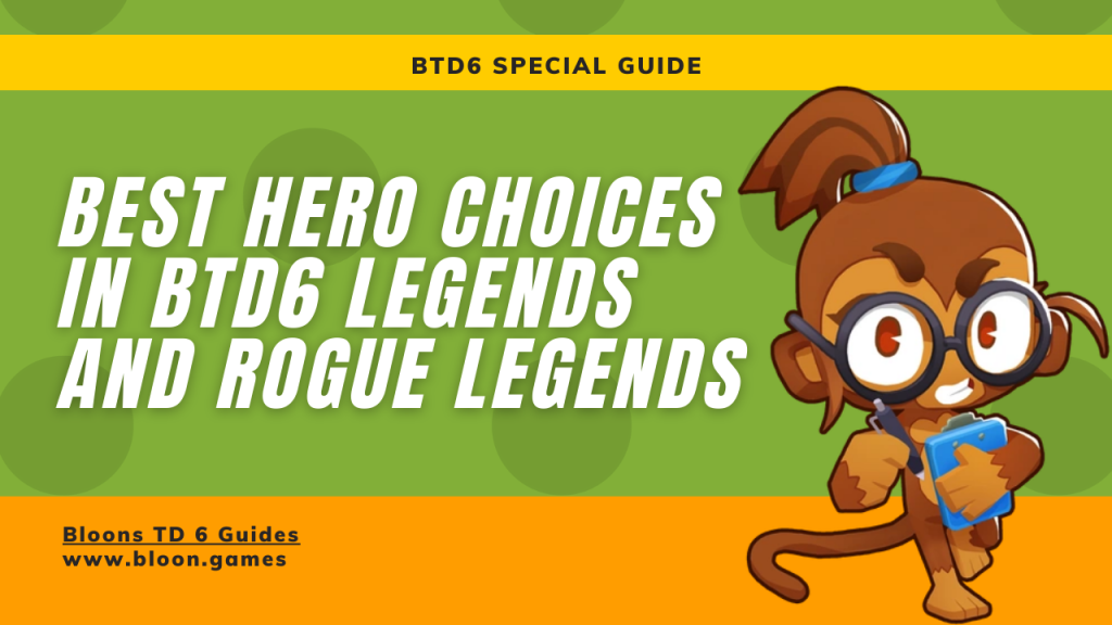 A comparison image showcasing the top-performing heroes in BTD6 Legends (Sauda, Benjamin, Brickell, Geraldo) and Rogue Legends (Sauda, Benjamin, Ezili, Psi).