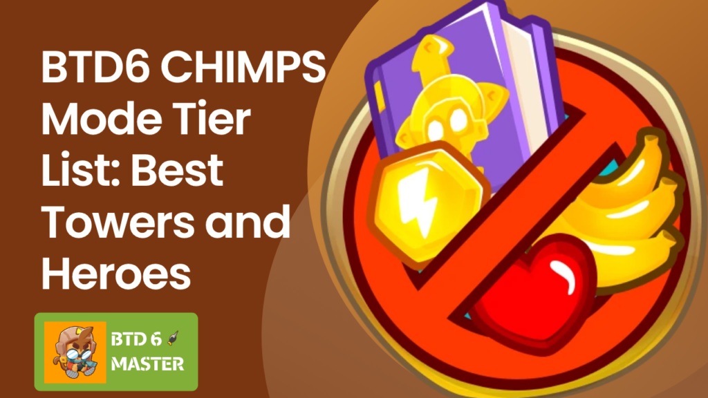 A comprehensive tier list graphic for BTD6 CHIMPS mode, ranking heroes and towers from S-Tier to D-Tier based on their cost-efficiency and utility.