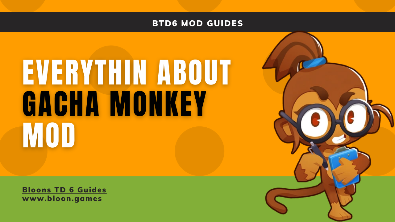 An image showcasing the "gacha roll" interface from the Gacha Monkey Mod in BTD6, displaying various monkey icons as potential outcomes.