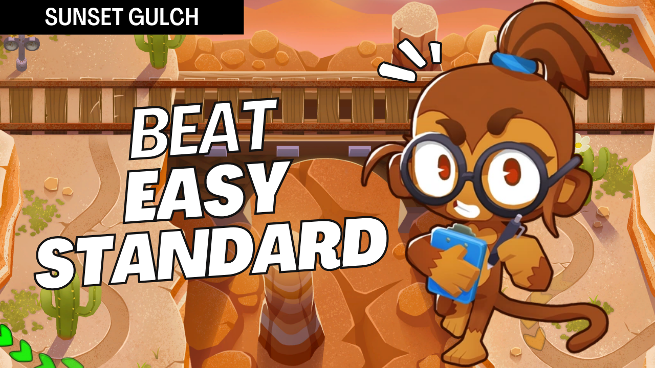 Step-by-step guide to beating Standard (Easy) on Sunset Gulch in BTD6 using Obyn, Ninja, Alchemist, and Druid — no Monkey Knowledge needed!