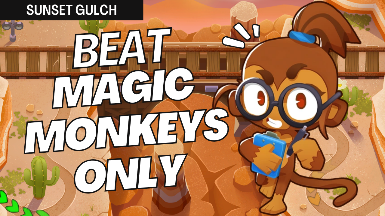 How to beat Magic Monkeys Only on Sunset Gulch in BTD6 using Druid economy, Ninja Monkey, Dark Knight Super Monkey, and Alchemist buffs — no Monkey Knowledge needed!