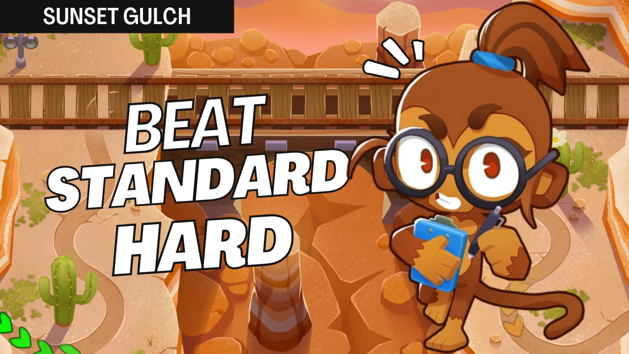 How to beat Hard Standard mode on Sunset Gulch in BTD6 using Obyn, Druid economy, Ninja, Monkey Ace Spectre, and Alchemist — no Monkey Knowledge needed!