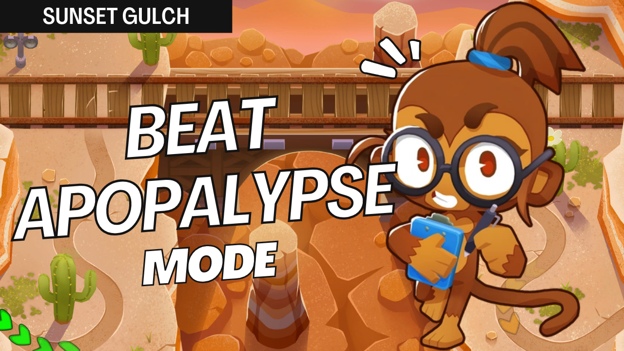Guide to beating Apopalypse mode on Sunset Gulch in BTD6 using Sauda, Boomerang, Wizard, Monkey Ace, and Alchemist — no Monkey Knowledge needed!
