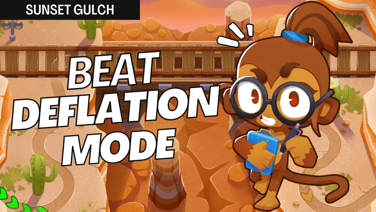Beat Deflation mode on Sunset Gulch in BTD6 with Etienne, Tack Shooter, Sniper, Druid, and Boomerang Monkey — no Monkey Knowledge needed!