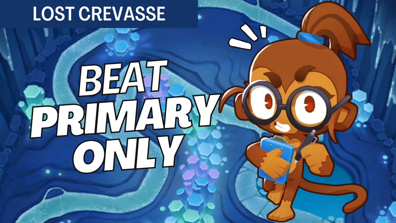 Win Easy Primary Only mode on Lost Crevasse with Quincy, Boomerang Monkey, Dart Monkey, and Bomb Shooter. Step-by-step guide without Monkey Knowledge or abilities.