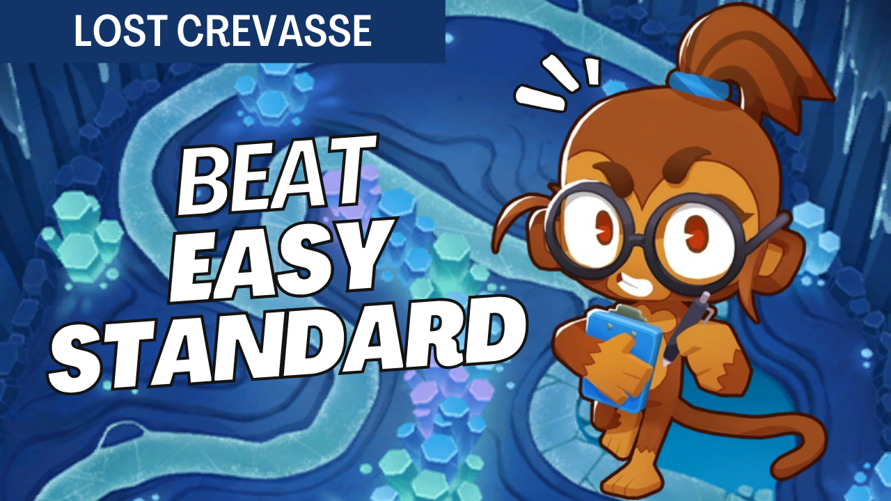 Win Easy Standard mode on Lost Crevasse using Quincy and Sniper Monkeys. Step-by-step guide without Monkey Knowledge or hero abilities.