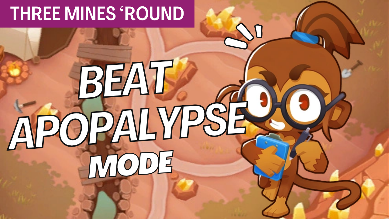 Beat Apopalypse Mode on Three Mines ’Round (Medium) using Quincy, Monkey Buccaneer, and 0-2-4 Wizard Monkey. Simple, Monkey Knowledge-free strategy for easy wins.