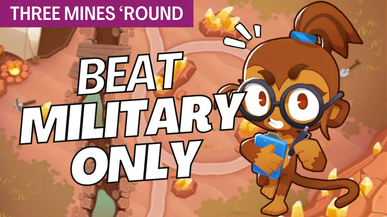 Beat Military Only on Three Mines ’Round (Medium) with this simple Sniper Monkey strategy featuring Full Auto Rifle, Elite Defender, and Quincy support.
