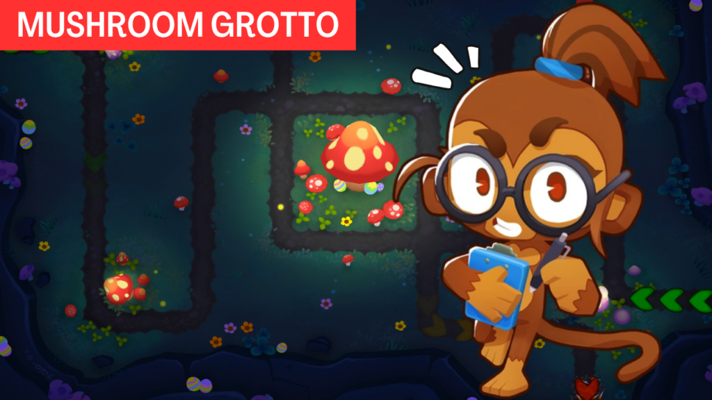 Comprehensive BTD6 strategies for Mushroom Grotto, including tower placements and winning tactics for all difficulties such as Hard, Impoppable, and CHIMPS.