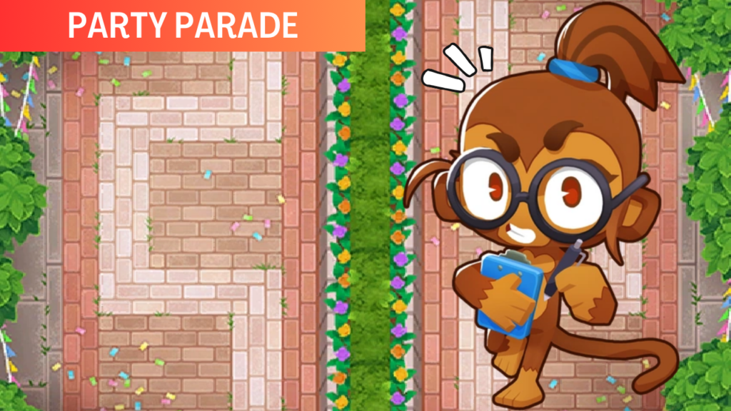 Comprehensive BTD6 strategies for Party Parade, including tower placements and winning tactics for all difficulties such as Hard, Impoppable, and CHIMPS.