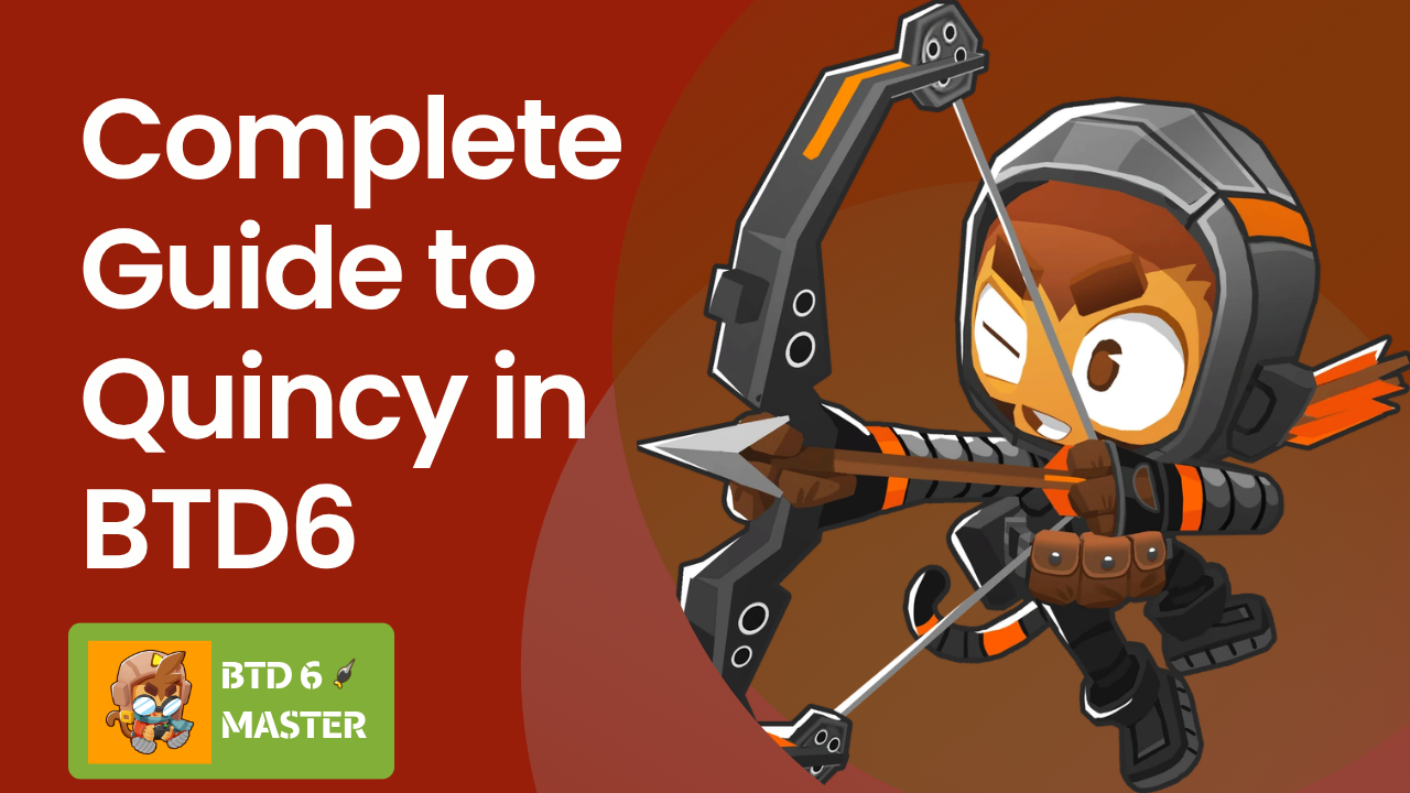 This is an informative guide image summarizing the abilities, level progression, and strategic uses of Quincy, the starting hero of Bloons TD 6.