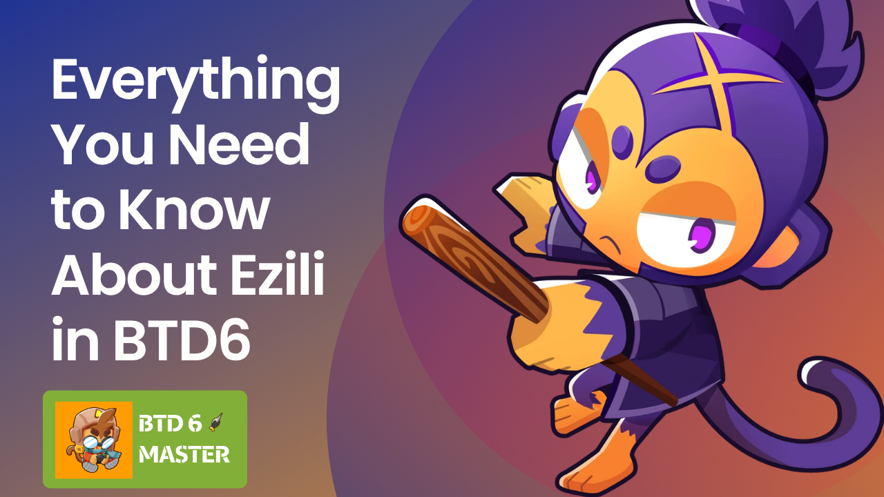 A guide graphic or overview image detailing Ezili's voodoo abilities, her MOAB Hex mechanic, and her strategic role in late-game Bloons TD 6 scenarios.
