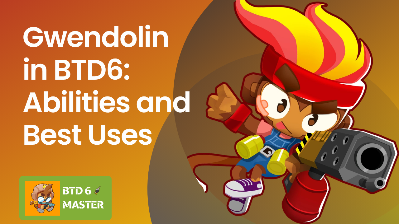 A strategic overview image showcasing Gwendolin’s fire-based abilities, ability timings for Ceramic rounds, and her synergy with high-projectile towers in BTD6.