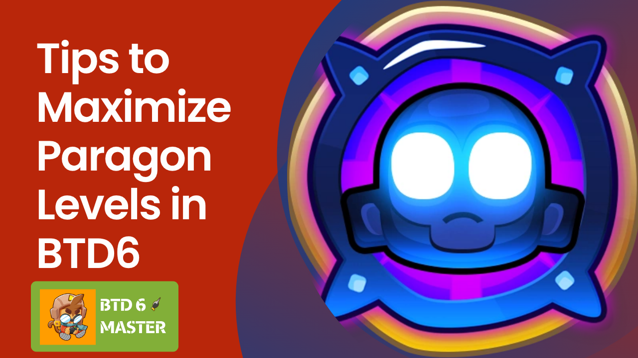 A visual guide detailing the exact requirements (pops, tiers, cash injection, and totems) needed to achieve a maximum Degree 100 Paragon in BTD6 single-player.