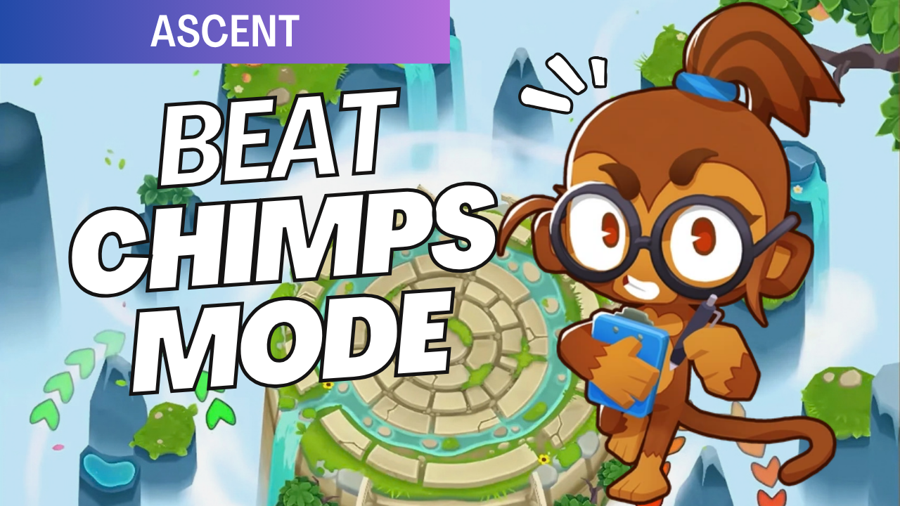 Beat CHIMPS on Ascent! Build an efficient defense with no income, selling, Monkey Knowledge, or powers, and use the map’s exceptionally long paths to survive all 100 rounds.